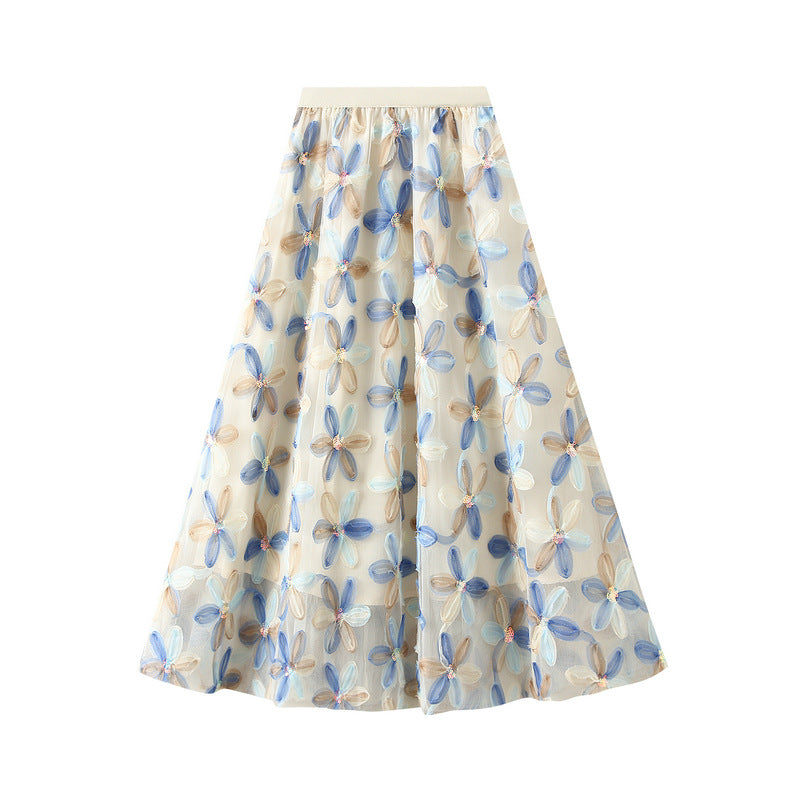 Floral Embroidered Mesh Maxi Skirt