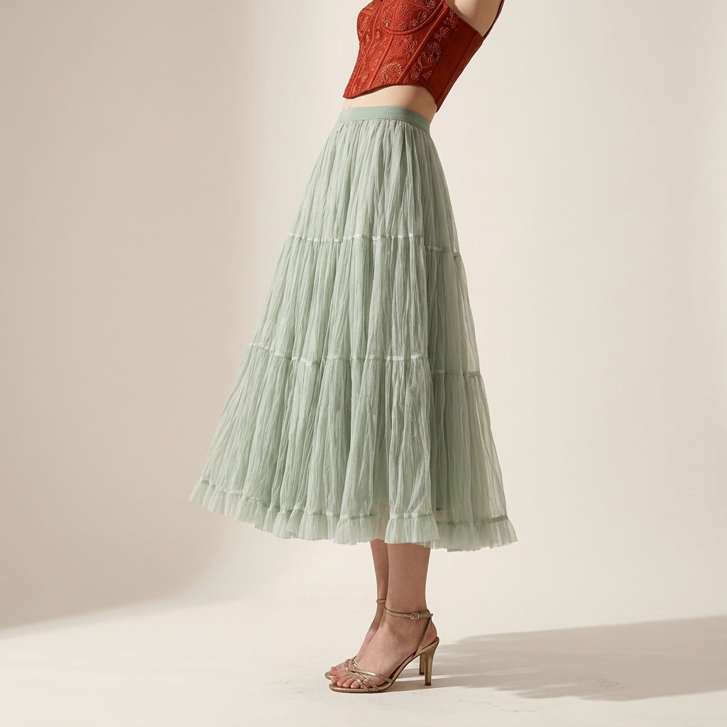 Women's Crushed Fabric Boho Tiered Pleated  Maxi Skirt - LIGHTGREEN