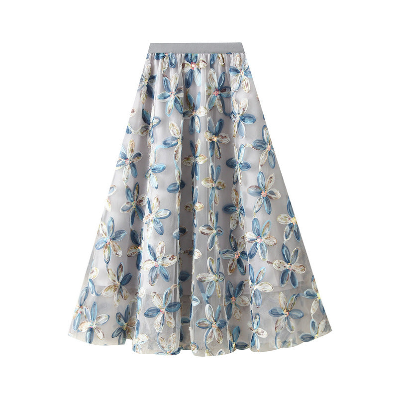 Blue Floral Embroidered Mesh Maxi Skirt alt