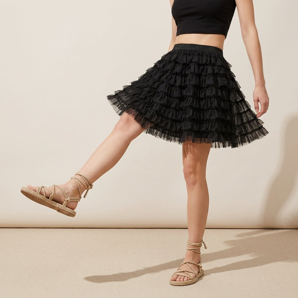 Ruffle Volume Multitier Skirt - BLACK