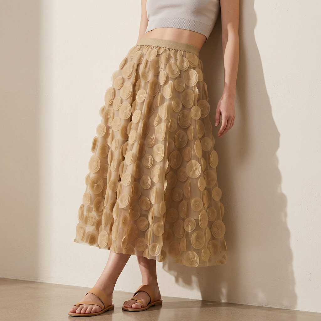 Polka Dot Hepburn Style Umbrella Mesh Skirt - 0931_KHAKI alt