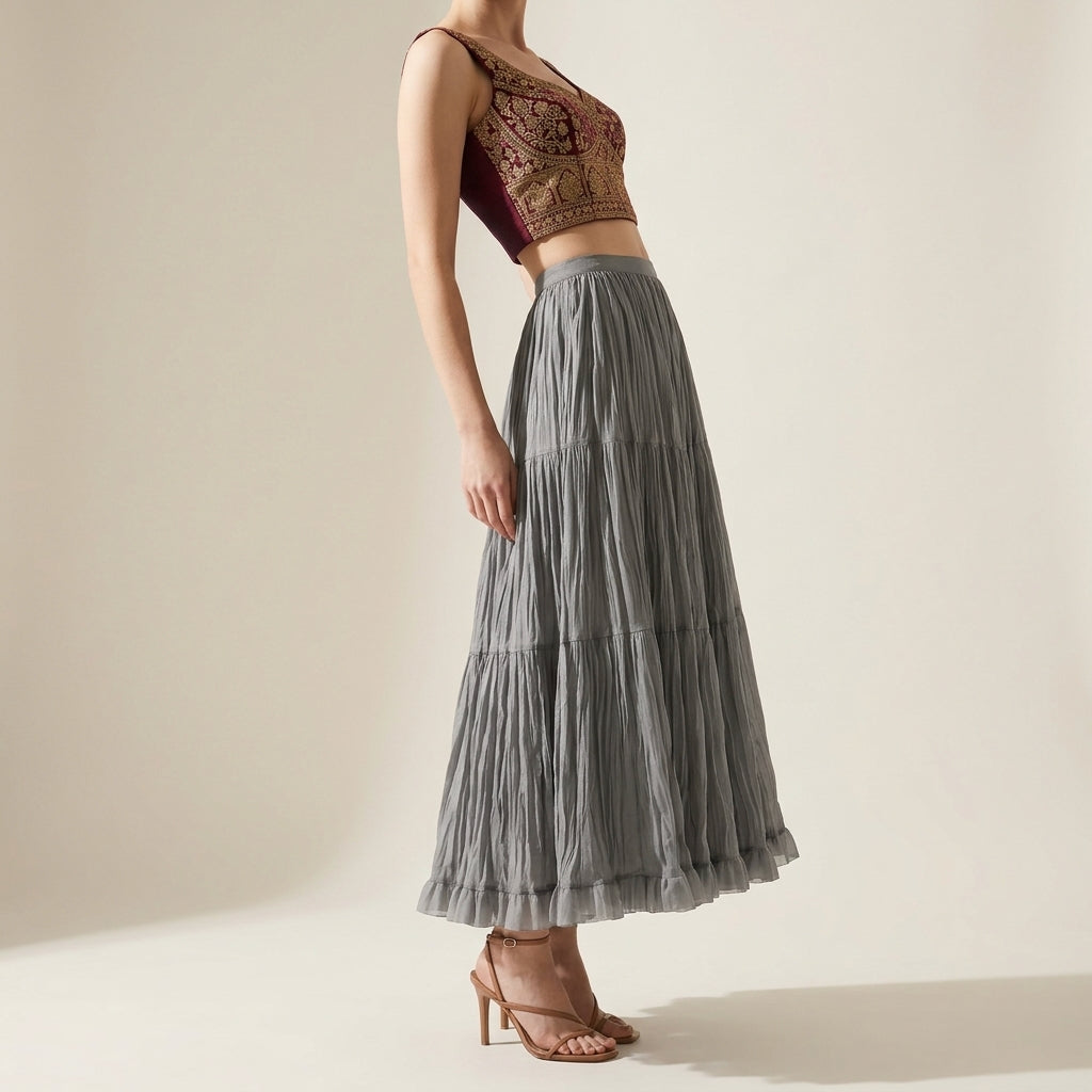 Women's Crushed Fabric Boho Tiered Pleated  Maxi Skirt - DARKGREY