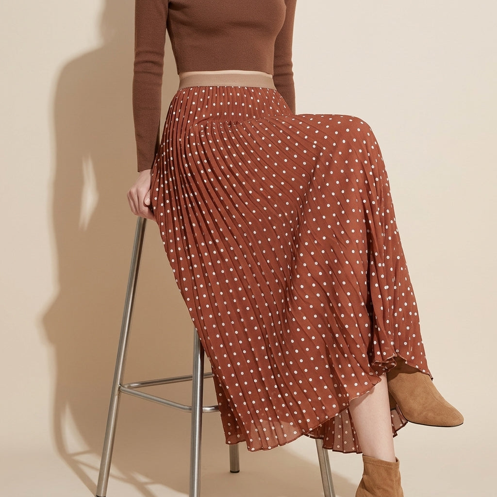 Polka Dot A Line Pleated Skirt - KHAKI