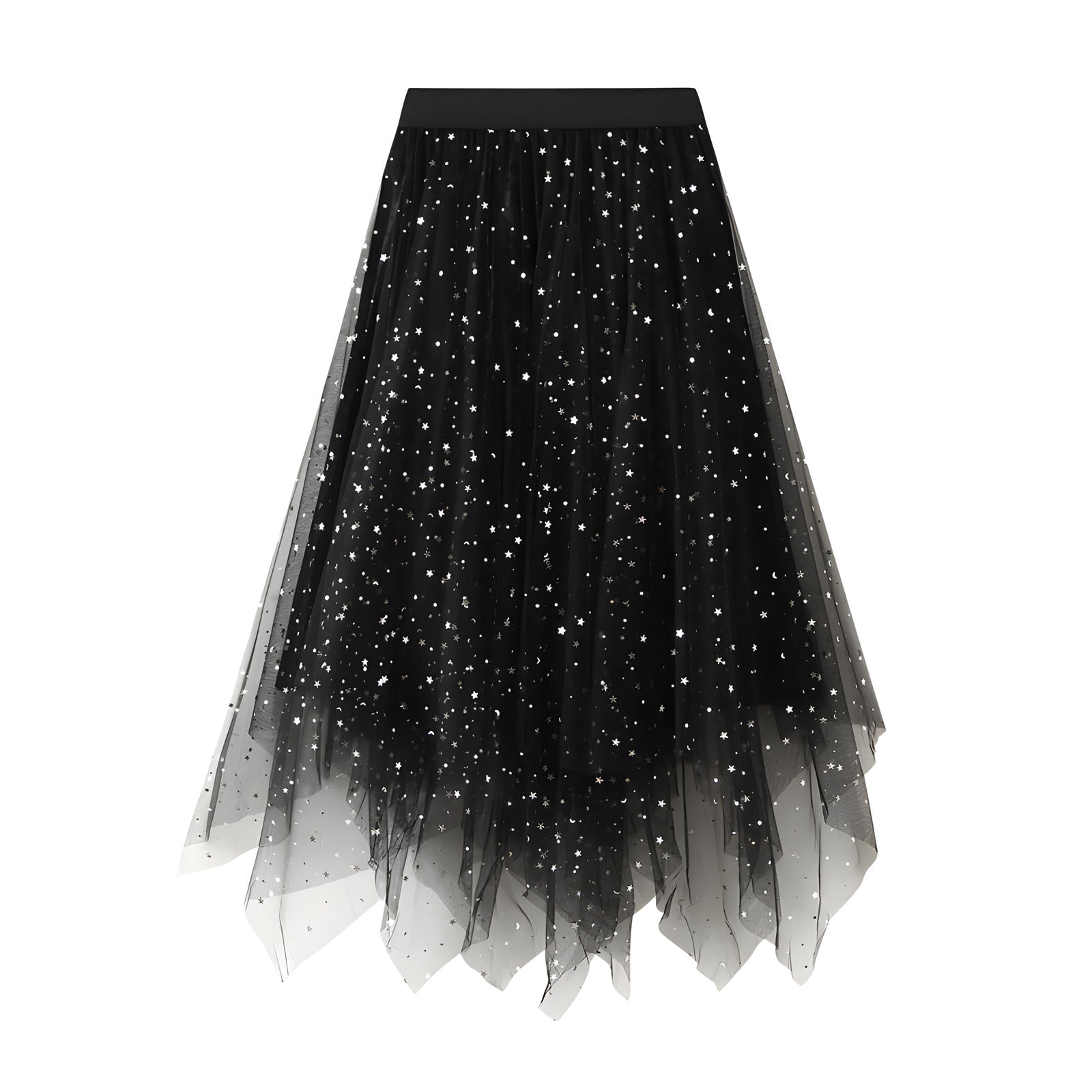 Fluffy Star Sequin Irregular Mesh And Velvet Skirt - 0310_BLACK alt