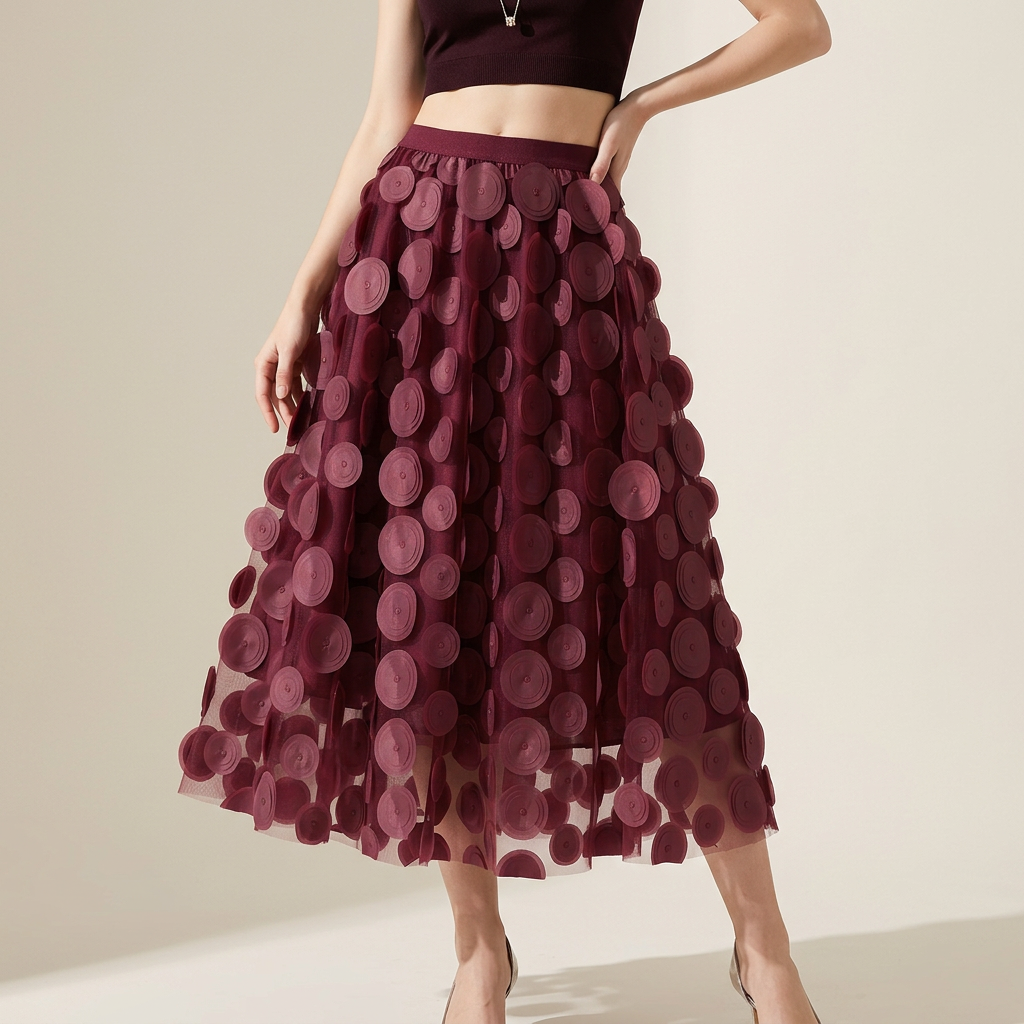 Polka Dot Hepburn Style Umbrella Mesh Skirt - 0931_WINE RED alt