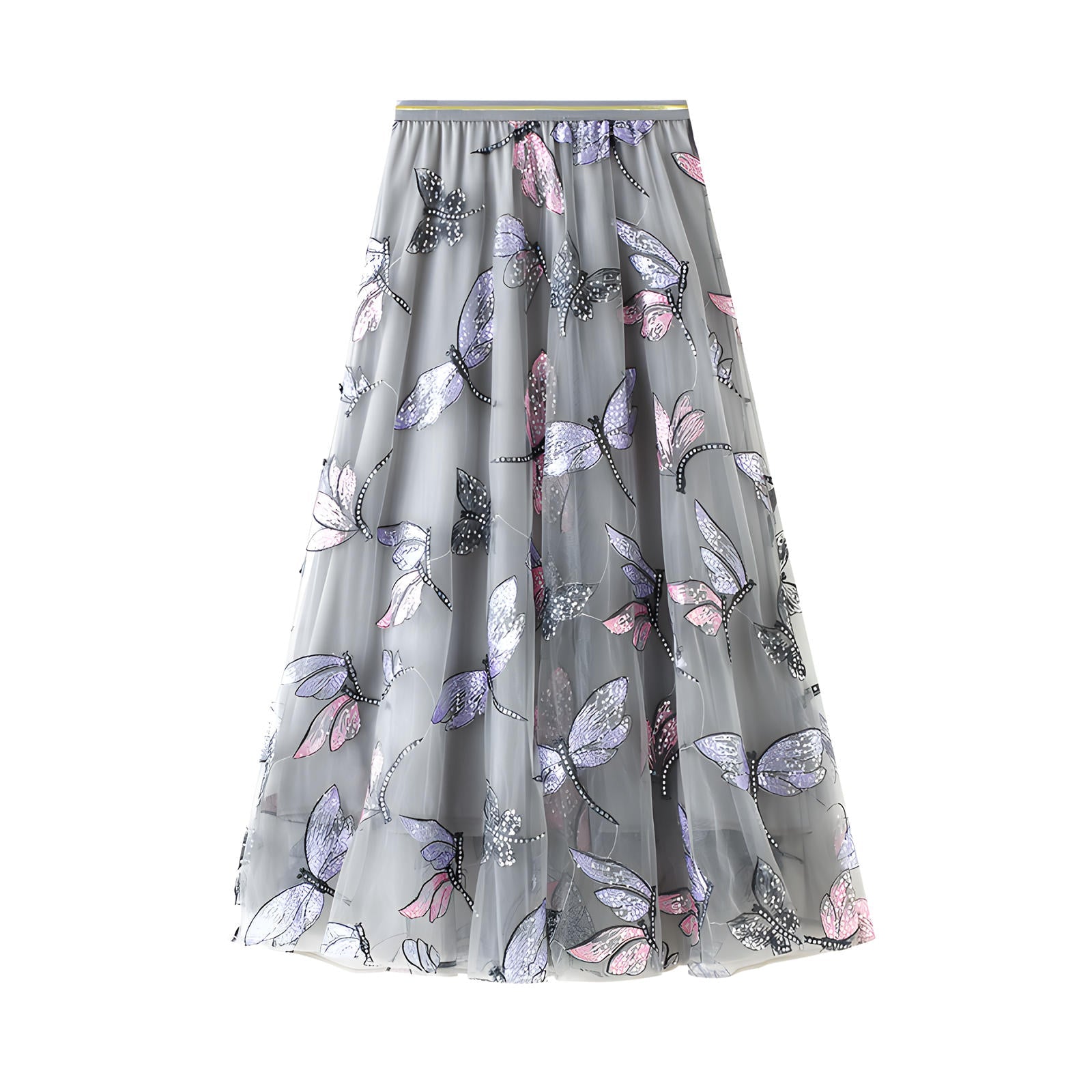 Exquisite Dragonfly Heavy Embroidery Skirt with Intricate Details - 8649_GREY