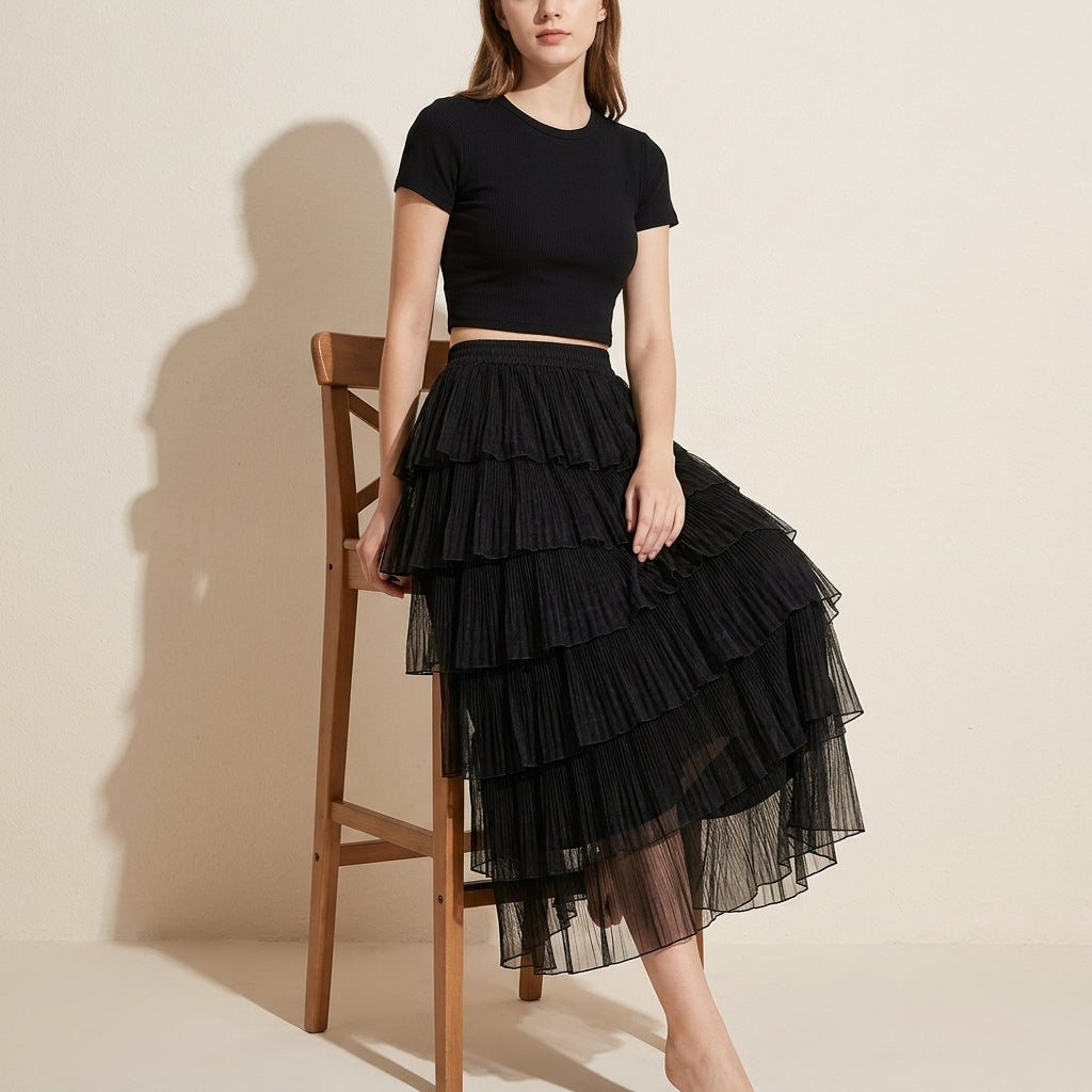 Florentine Pleated Tulle Skirt - BLACK
