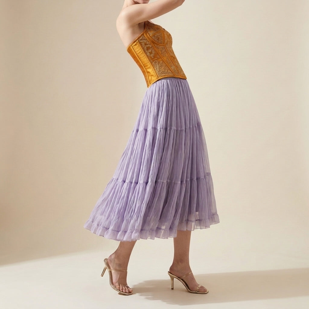 Women's Crushed Fabric Boho Tiered Pleated  Maxi Skirt - LIGHTPURPLE