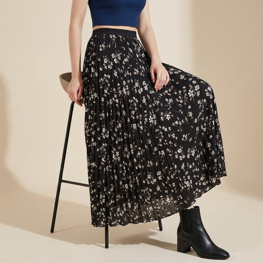 Pleated Floral Chiffon Skirt  - BLACK alt