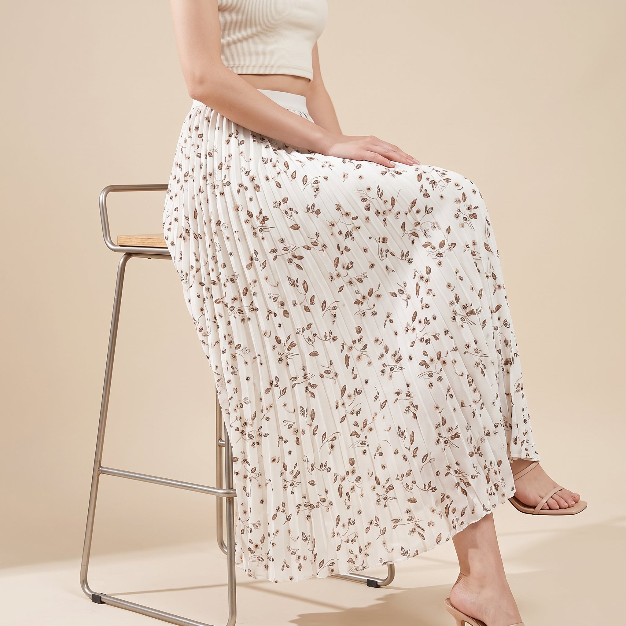 Pleated Floral Chiffon Skirt  - WHITE