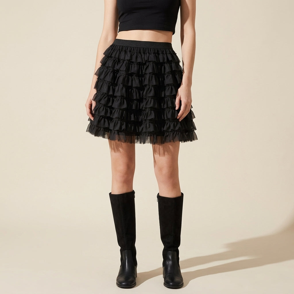 Ruffle Volume Multitier Skirt - BLACK alt