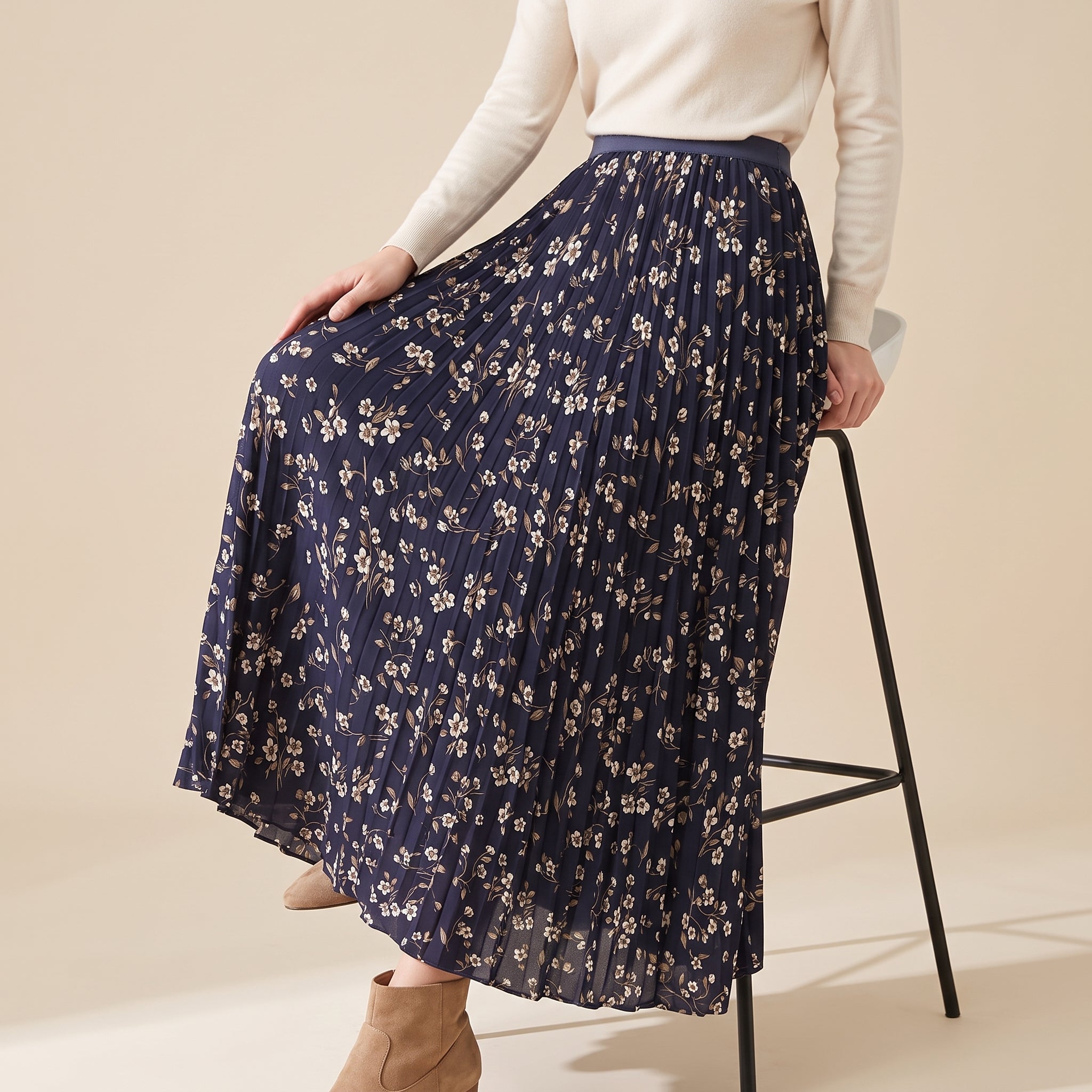 Pleated Floral Chiffon Skirt  - BLUE