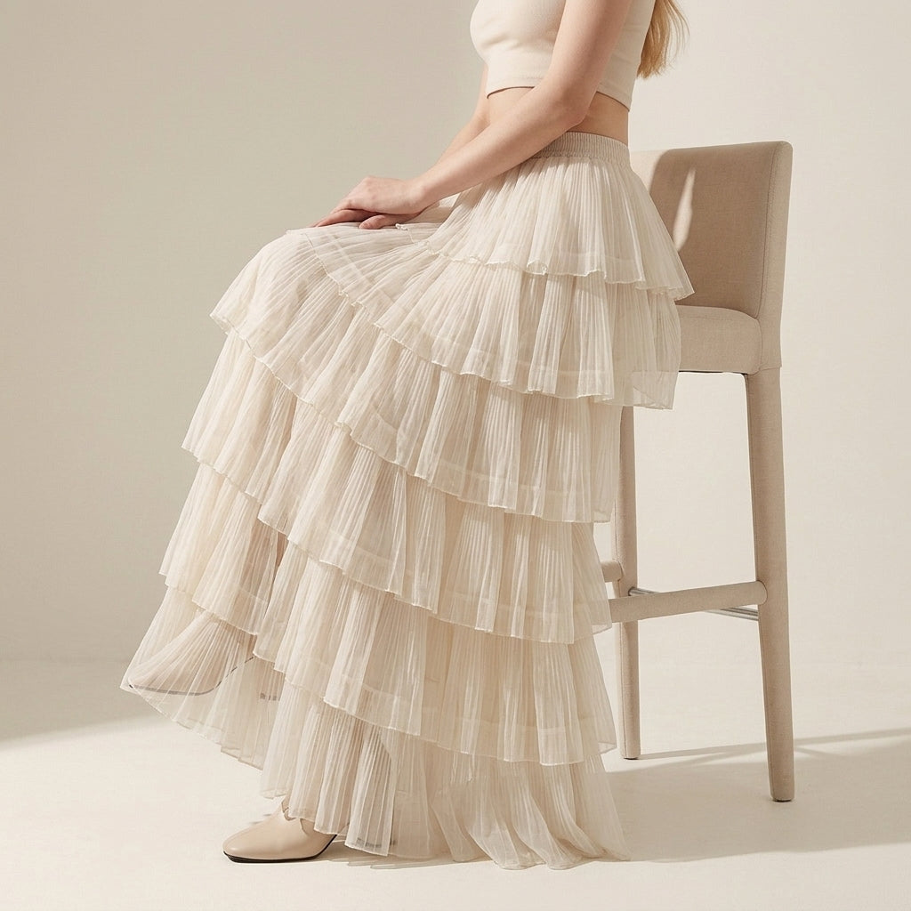 Florentine Pleated Tulle Skirt - APRICOT alt