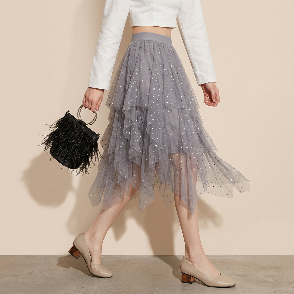 Fluffy Star Sequin Irregular Mesh And Velvet Skirt - 0310_GREY alt