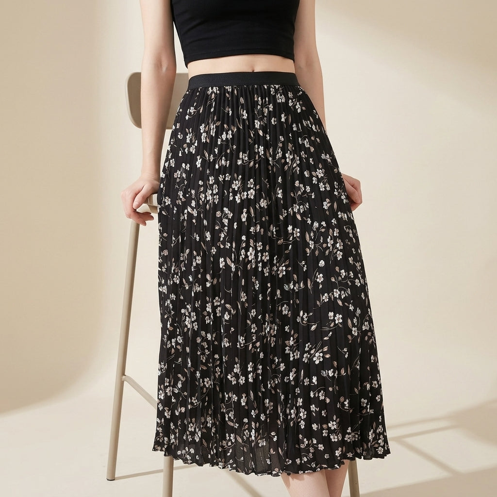 Pleated Floral Chiffon Skirt  - BLACK