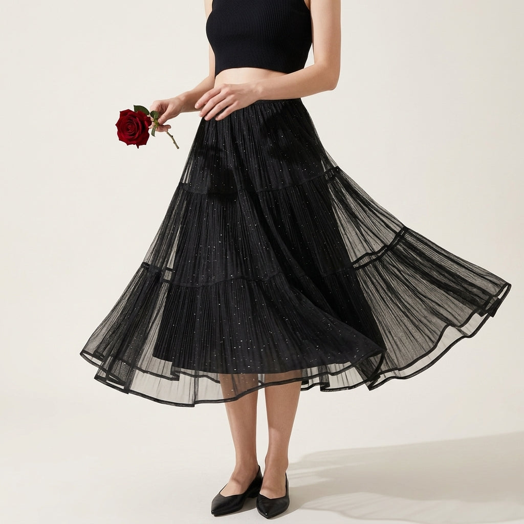 Reversible Velvet and Chiffon Skirt in Black alt