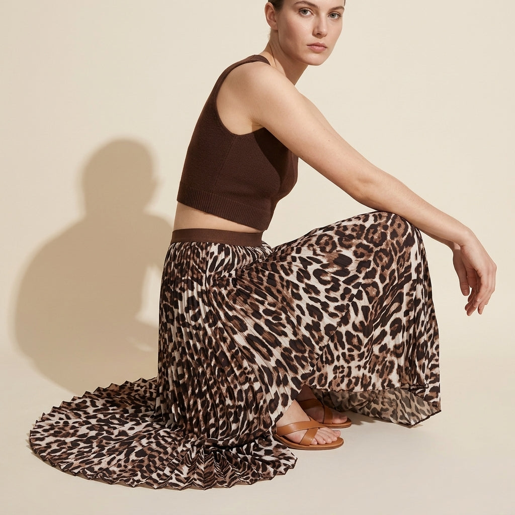 Classic Leopard Elastic Waist Pleated Skirt - BROWN