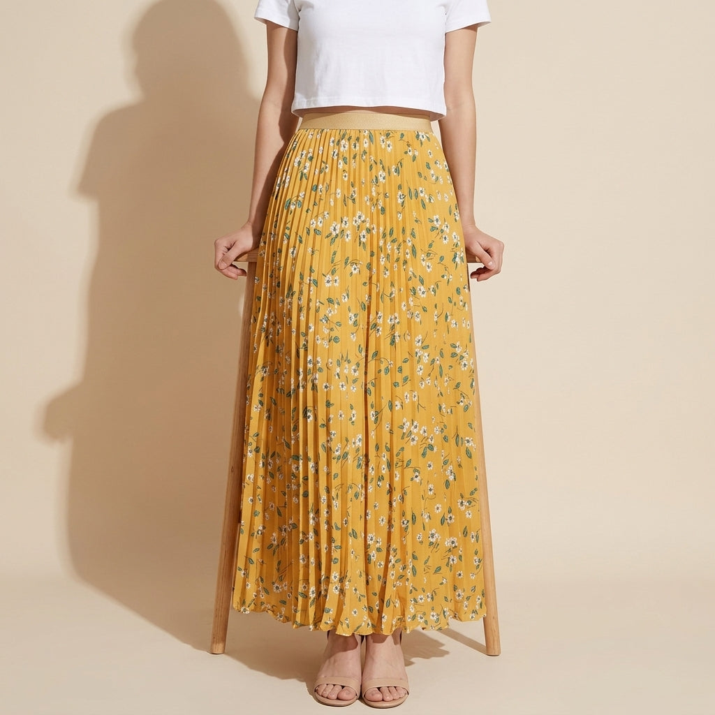Pleated Floral Chiffon Skirt  - YELLOW