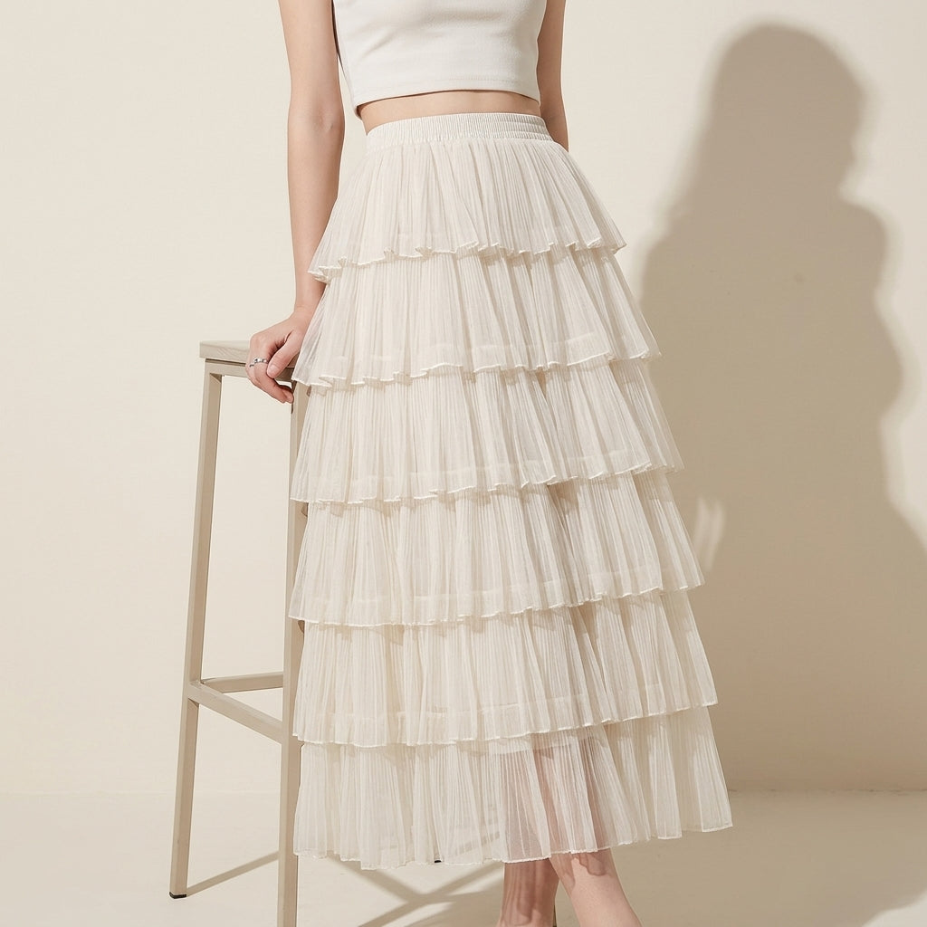 Florentine Pleated Tulle Skirt - APRICOT