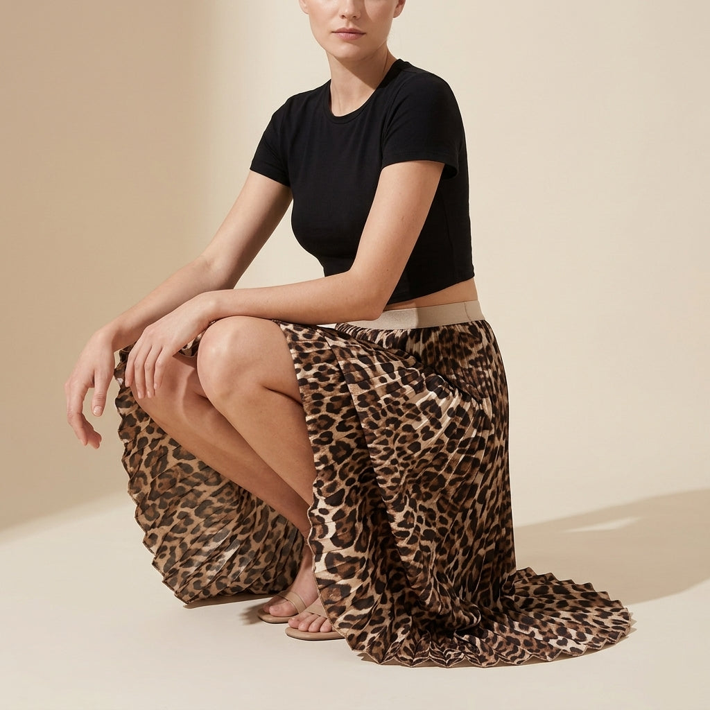 Classic Leopard Elastic Waist Pleated Skirt - KHAKI