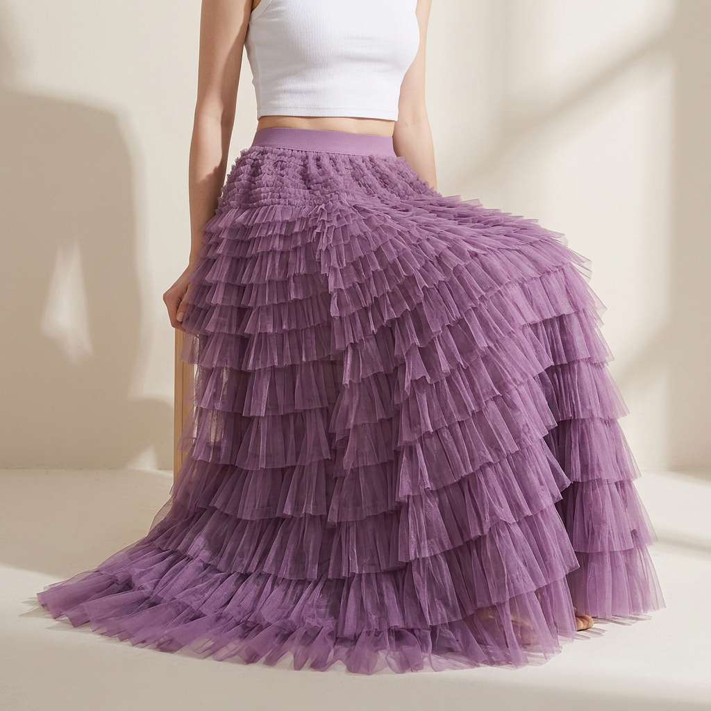 Heavy Mesh Gauze Multilayer Long Skirt With Satin Lining - 2210_DEEP PURPLE alt