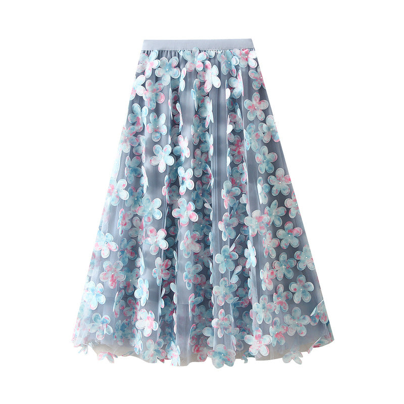 3D Floral Appliqué Mesh Skirt in Cloudlight Blue alt