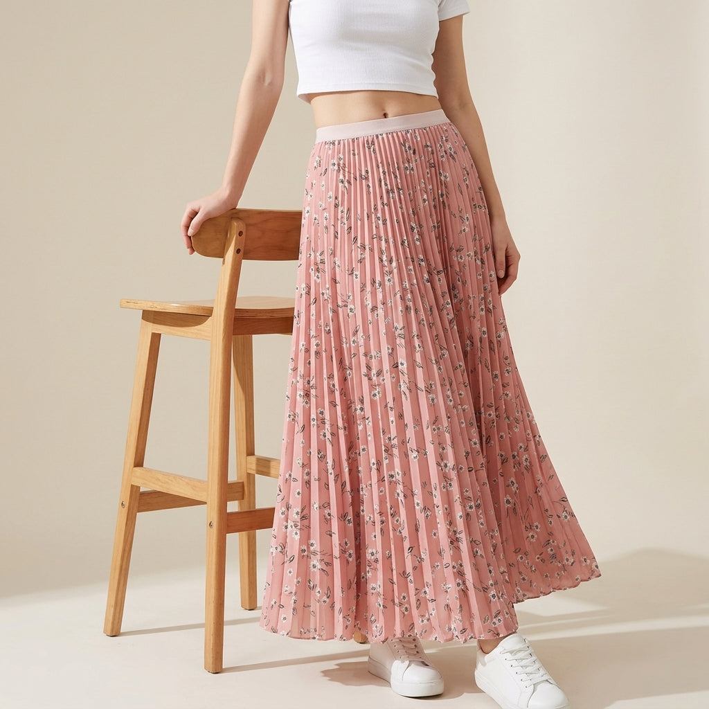 Pleated Floral Chiffon Skirt  - PINK alt