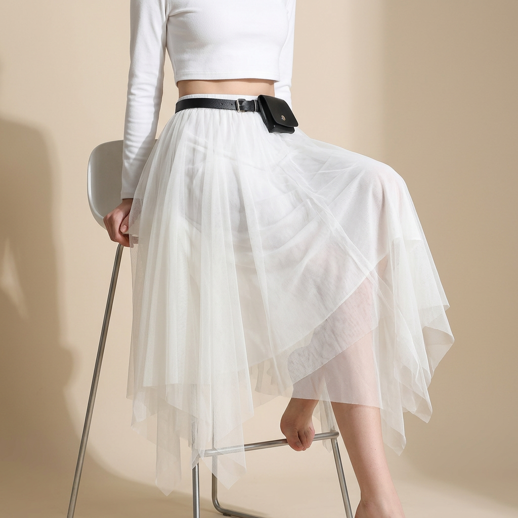 Irregular Mesh Skirt With Belt - 8808_APRICOT