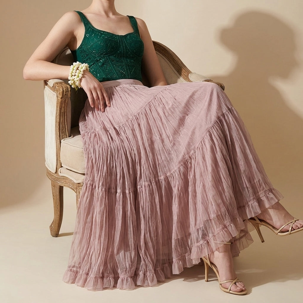 Women's Crushed Fabric Boho Tiered Pleated  Maxi Skirt - PINK