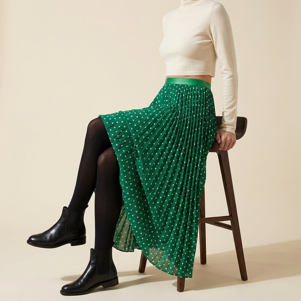 Polka Dot A Line Pleated Skirt - DARK GREEN
