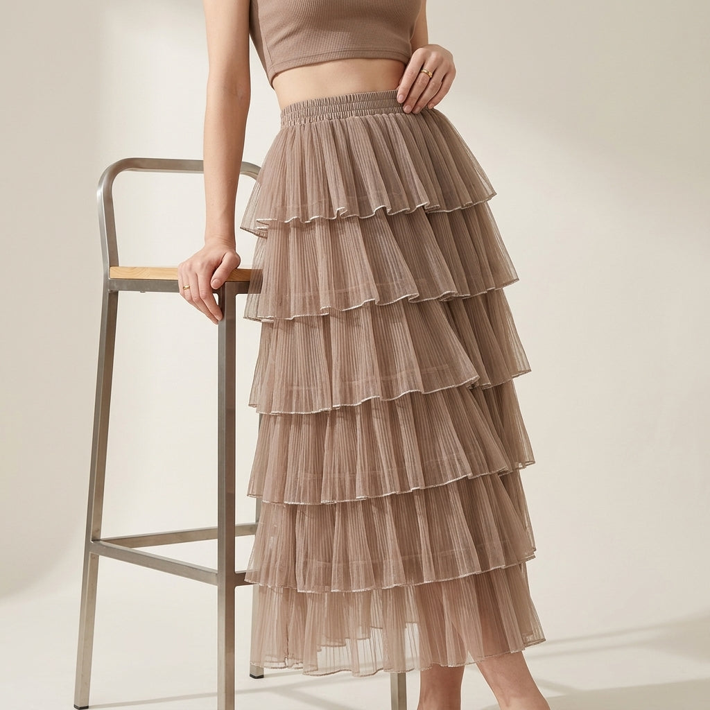 Florentine Pleated Tulle Skirt - KHAKI alt
