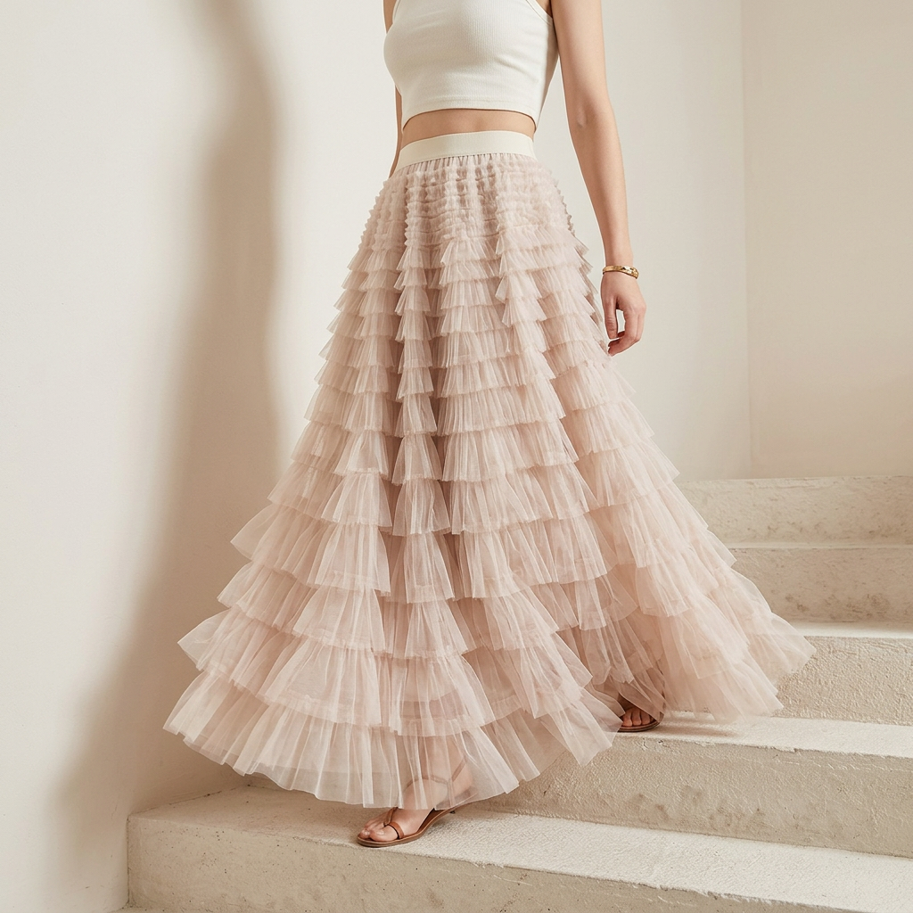 Heavy Mesh Gauze Multilayer Long Skirt With Satin Lining - 2210_APRICOT