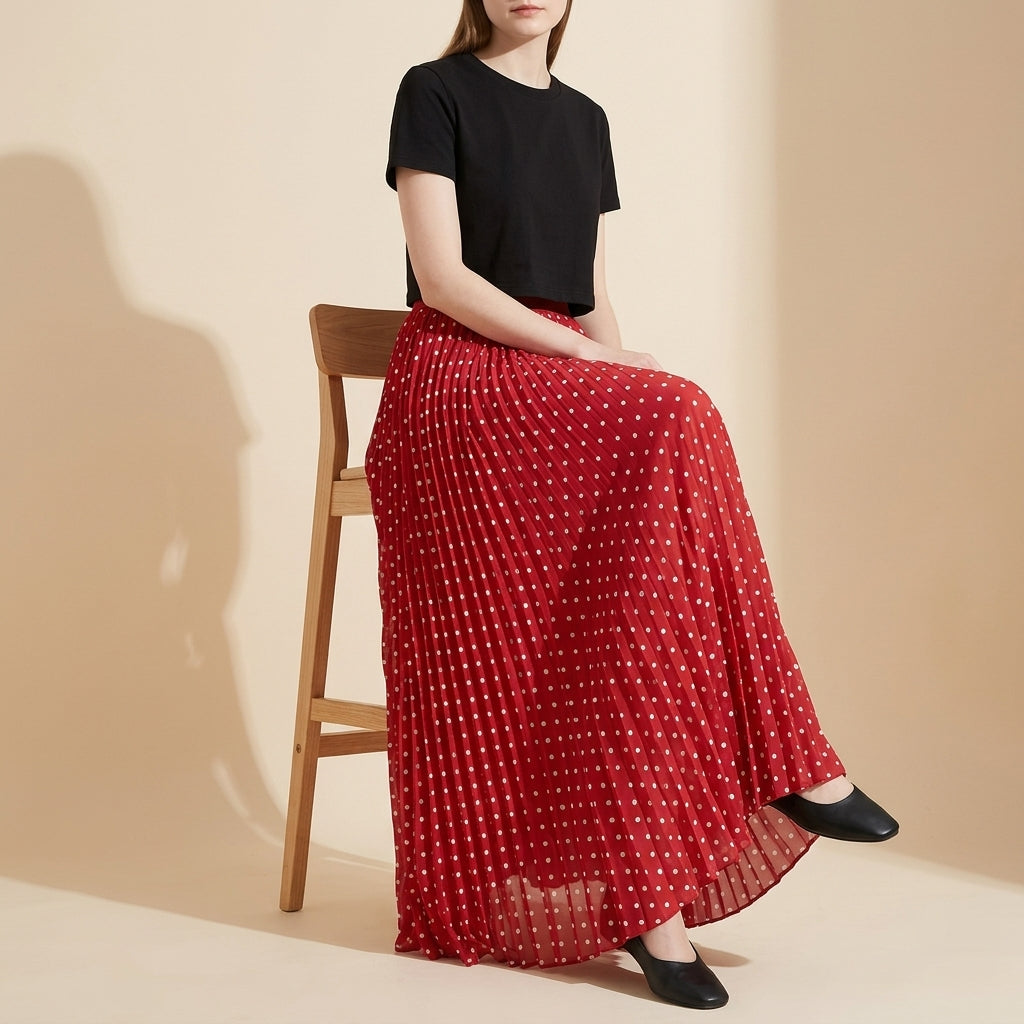 Polka Dot A Line Pleated Skirt - RED