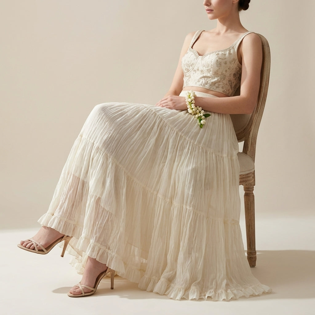 Women's Crushed Fabric Boho Tiered Pleated  Maxi Skirt - APRICOT