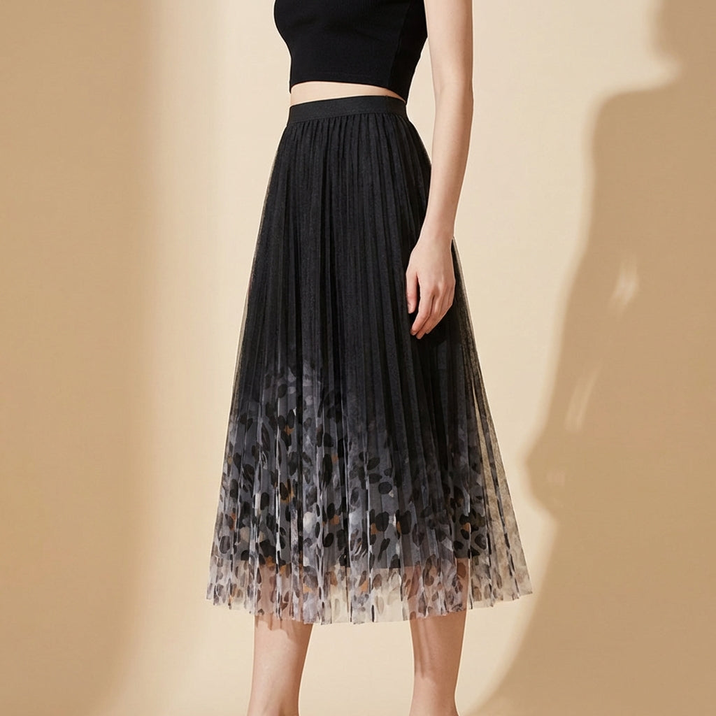 Gradient Printed Double Layer Tulle Skirt in Black alt