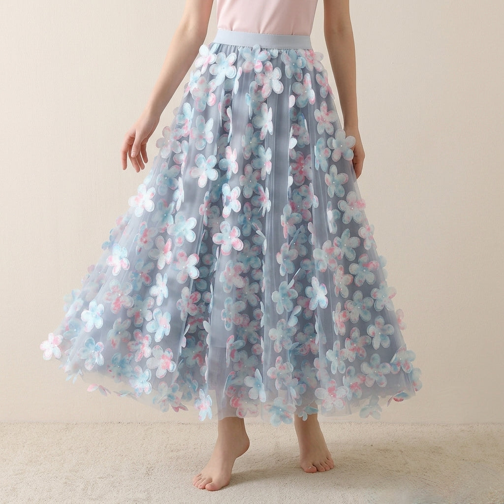 3D Floral Appliqué Mesh Skirt in Cloudlight Blue