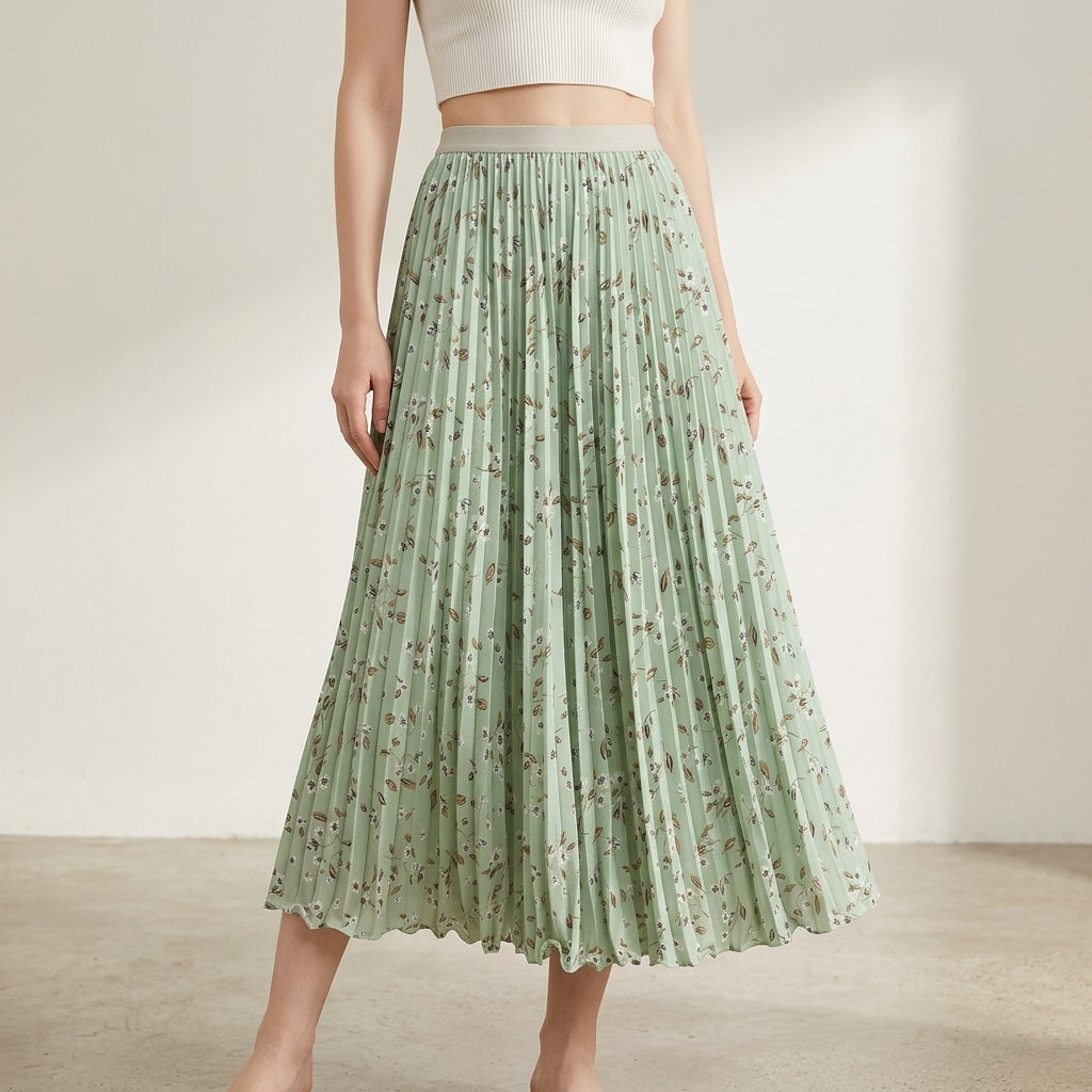 Pleated Floral Chiffon Skirt  - GREEN alt