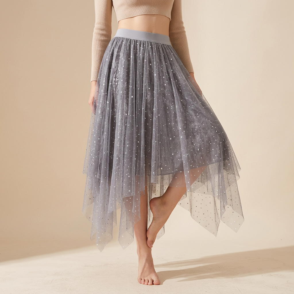 Fluffy Star Sequin Irregular Mesh And Velvet Skirt - 0310_GREY