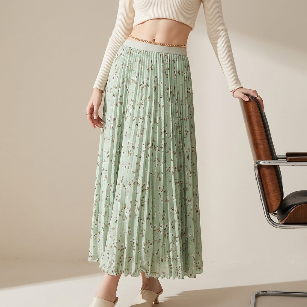Pleated Floral Chiffon Skirt  - GREEN
