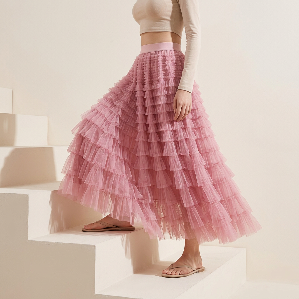 Heavy Mesh Gauze Multilayer Long Skirt With Satin Lining - 2210_WATERMELON RED