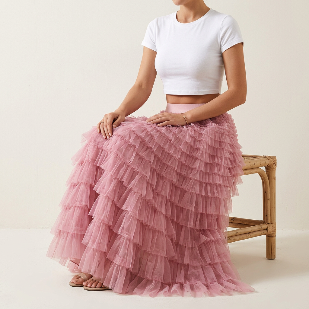 Heavy Mesh Gauze Multilayer Long Skirt With Satin Lining - 2210_WATERMELON RED alt
