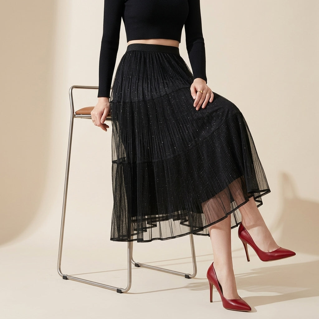 Reversible Velvet and Chiffon Skirt in Black