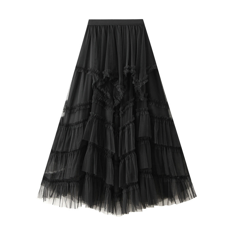 Ruffled Tulle Irregular Skirt in Black alt