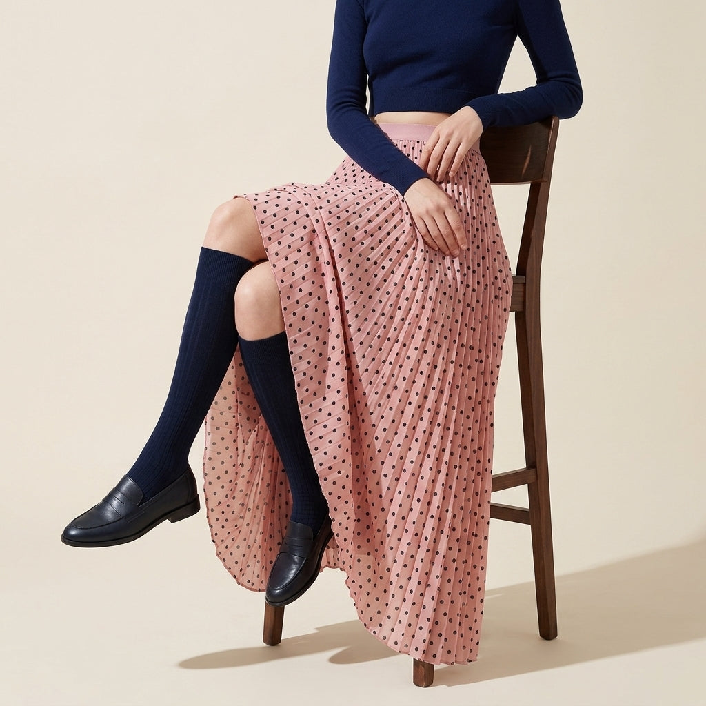 Polka Dot A Line Pleated Skirt - BABY PINK