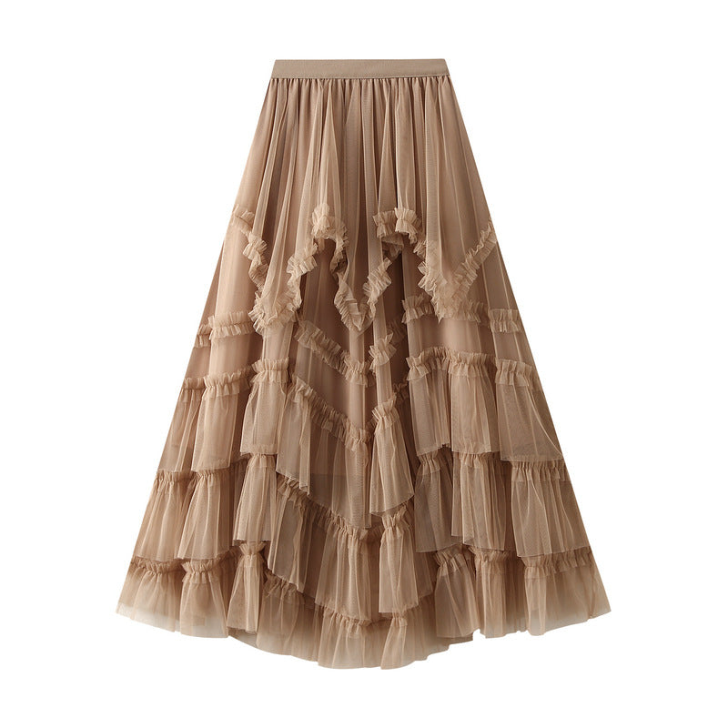 Ruffled Tulle Irregular Skirt in Khaki alt