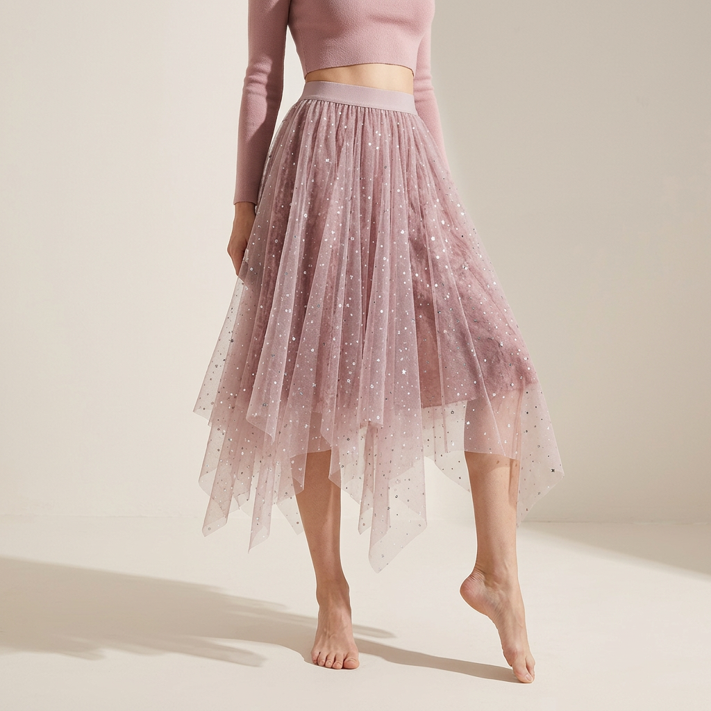 Fluffy Star Sequin Irregular Mesh And Velvet Skirt - 0310_PINK alt