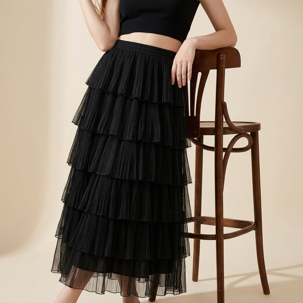 Florentine Pleated Tulle Skirt - BLACK alt