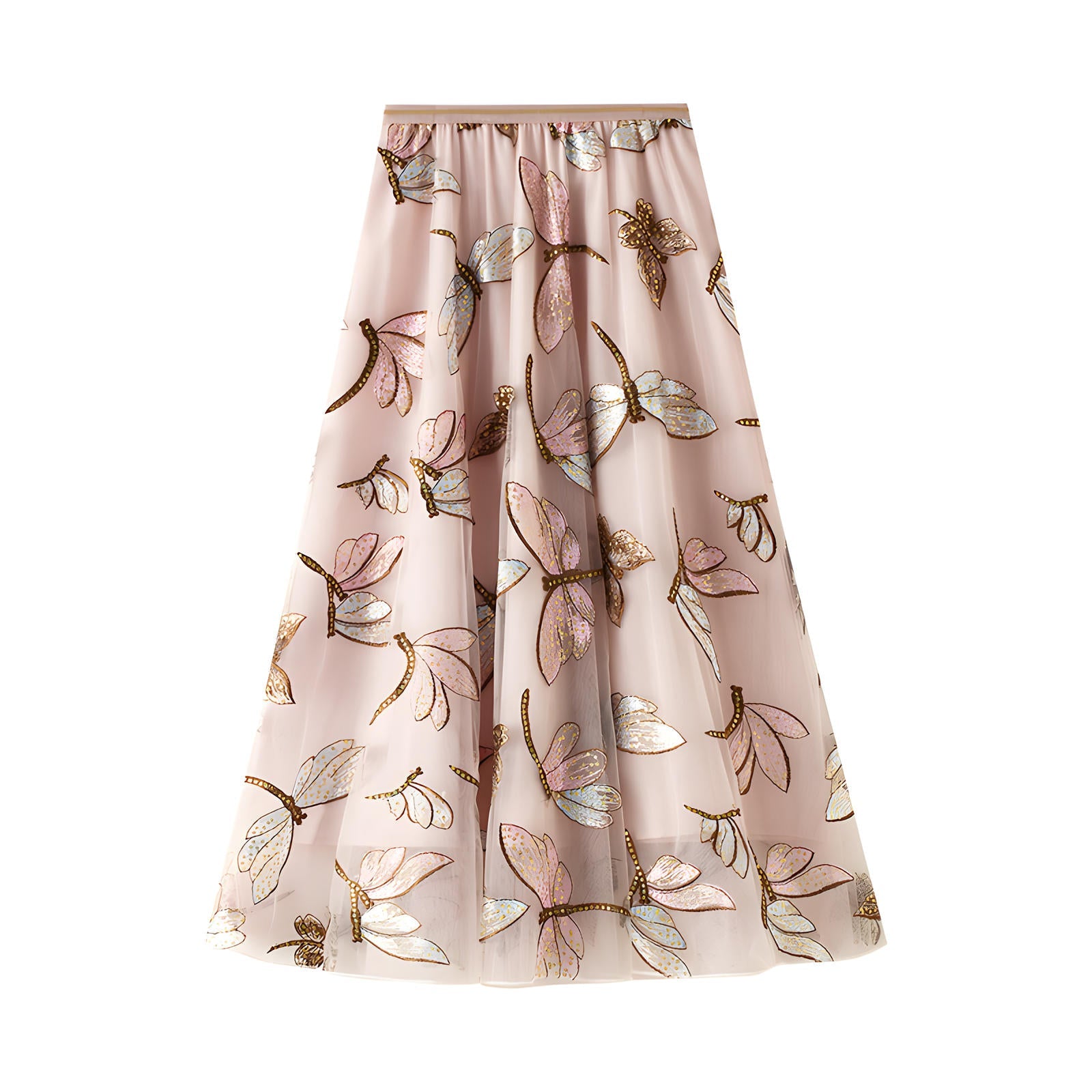 Exquisite Dragonfly Heavy Embroidery Skirt with Intricate Details - 8649_PINK