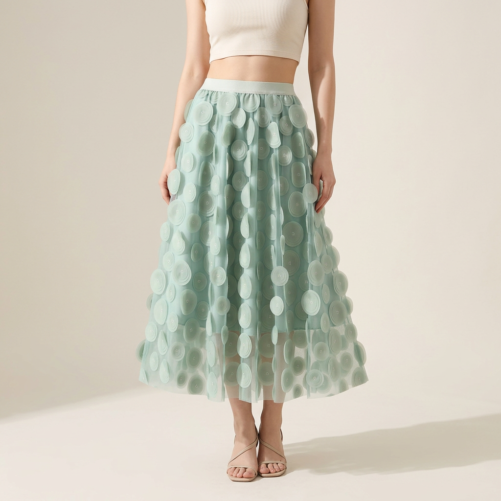 Polka Dot Hepburn Style Umbrella Mesh Skirt - 0931_LIGHT GREEN alt