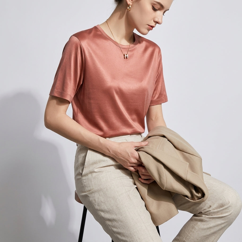 100 % ORGANIC MULBERRY SILK TRI-ACETATE WRINKLE FREE ROUND NECK TEE - ROSE PINK alt
